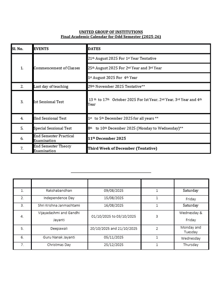 AKTU BTech First Semester Exam Dates 2025 | PDF