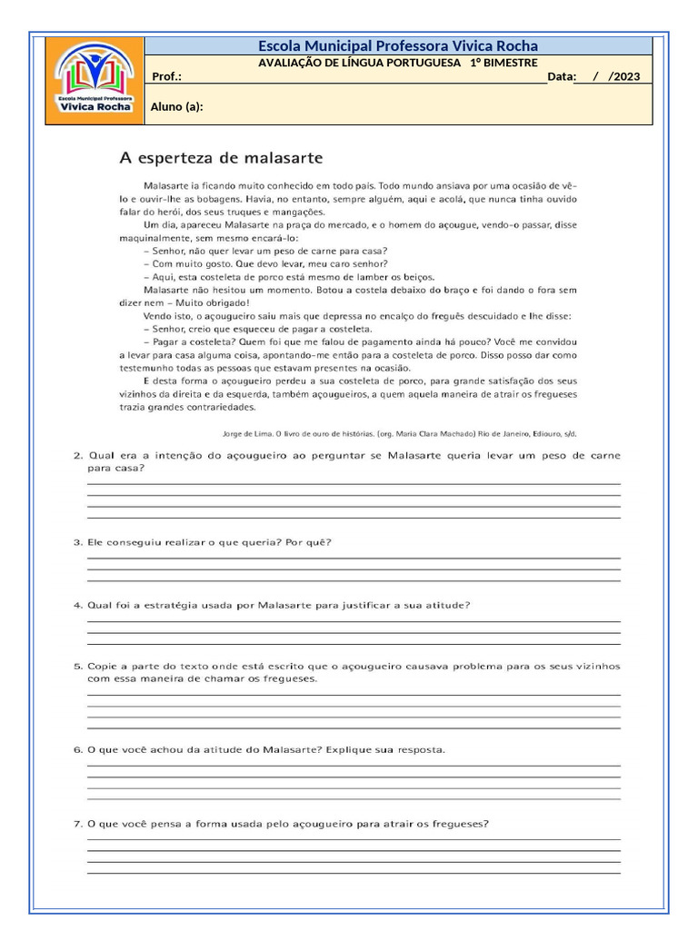 Avaliação de Língua Portuguesa 1° Bimestre | PDF | Pronome | Linguística