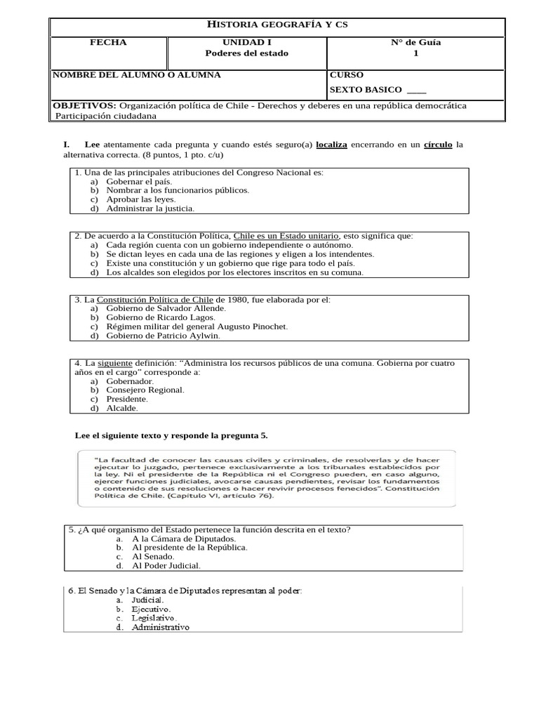 Funciones y Estructura del Estado en Chile | PDF | Separación de ...