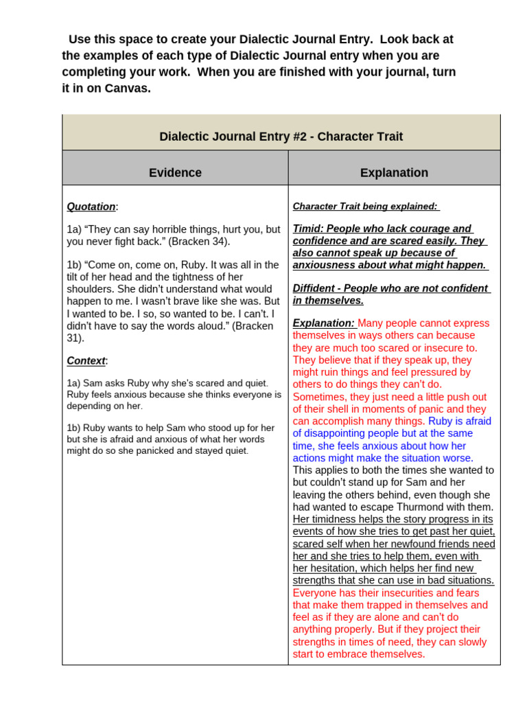 Dialectic Journal Entry: Character Analysis | PDF | Psychology
