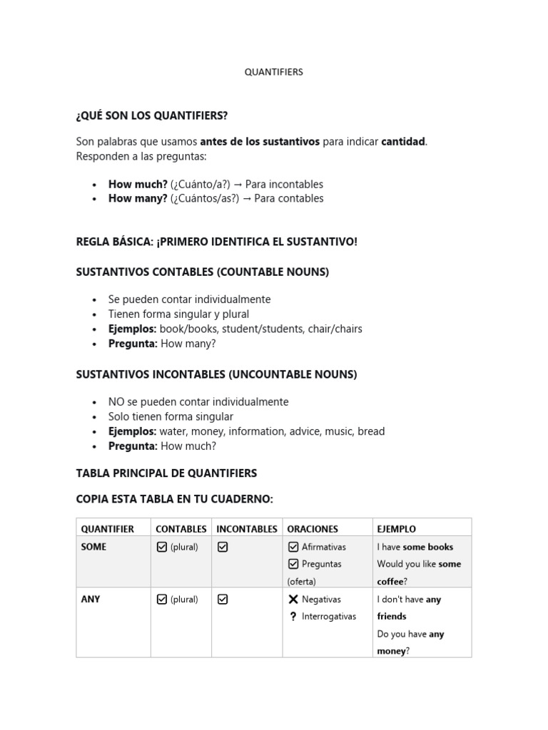 Guía de Quantifiers en Inglés | PDF | Language Mechanics | Grammatical ...