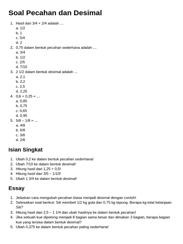 Latihan Soal Pecahan dan Desimal | PDF