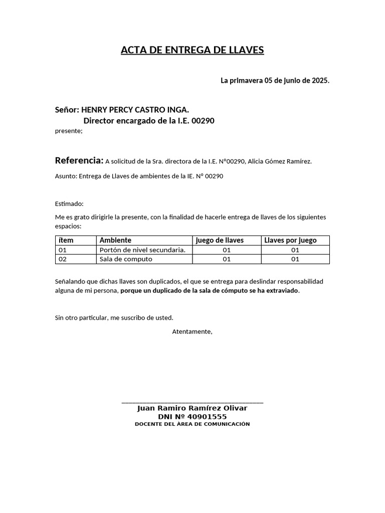 Acta de Entrega de Llaves IE 00290 | PDF