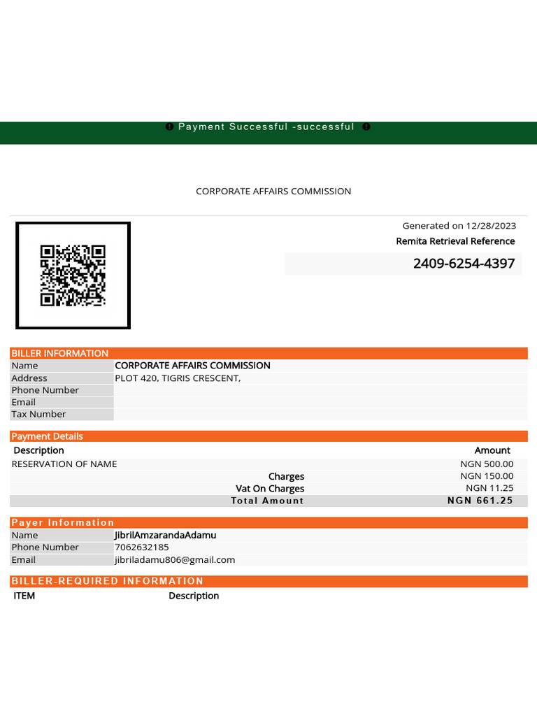 Payment Confirmation for Name Reservation | PDF