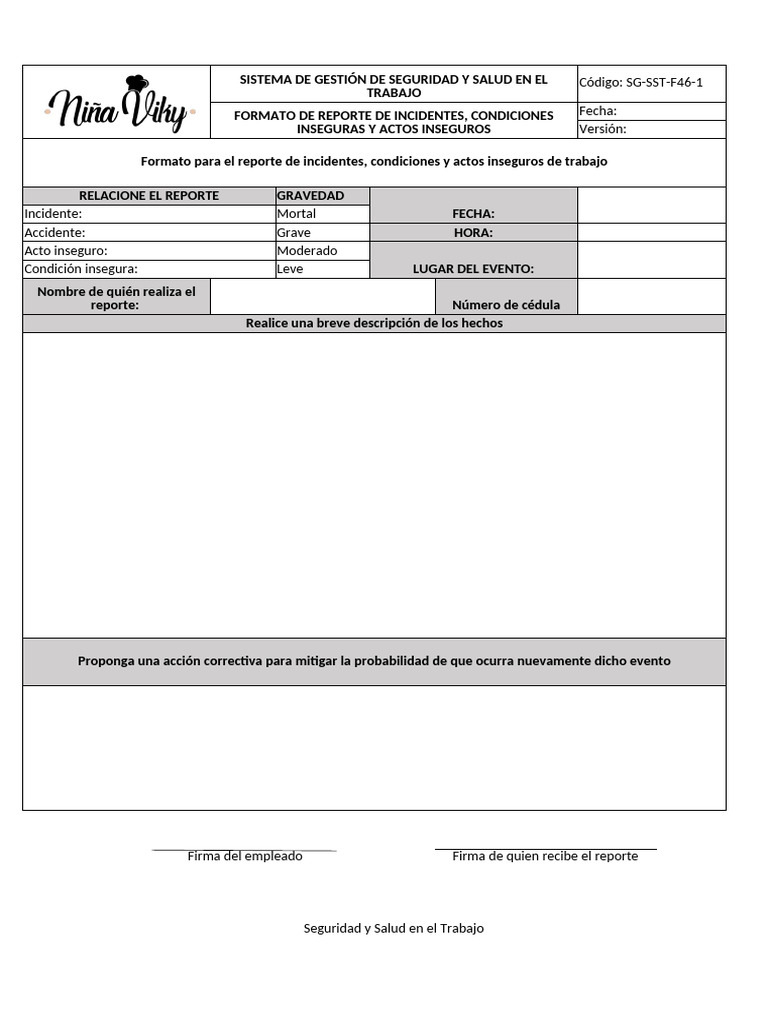 Formato de Reporte de Incidentes Laborales | PDF