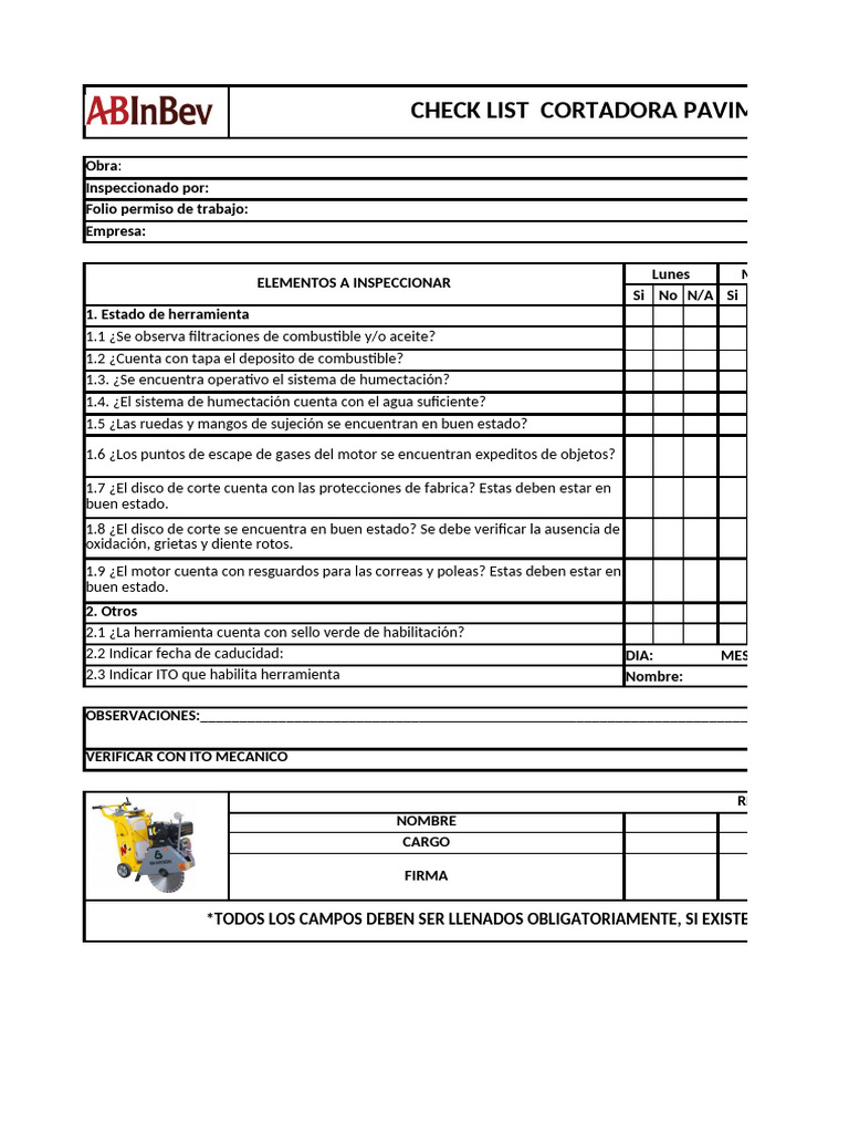 Checklist para Cortadora de Pavimento | PDF