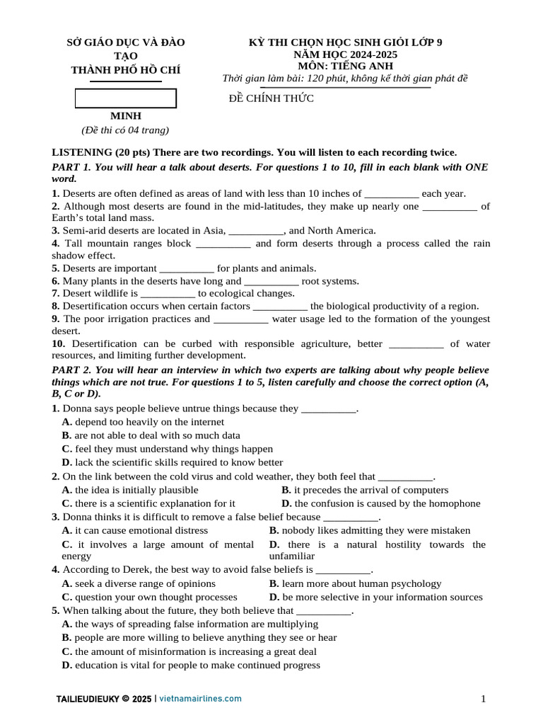 English Exam Paper for 9th Grade HCM 2024 | PDF | Accent ...