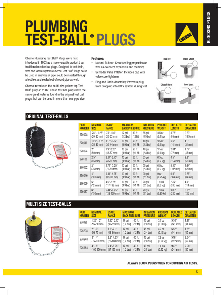 Cherne Plumbing Test Ball® Plugs Guide | PDF | Mechanical Engineering ...