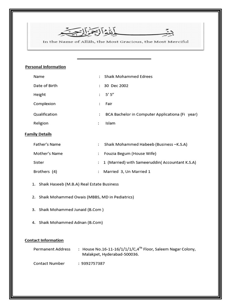 Matrimonial Biodata of Shaik Mohammed Edrees | PDF