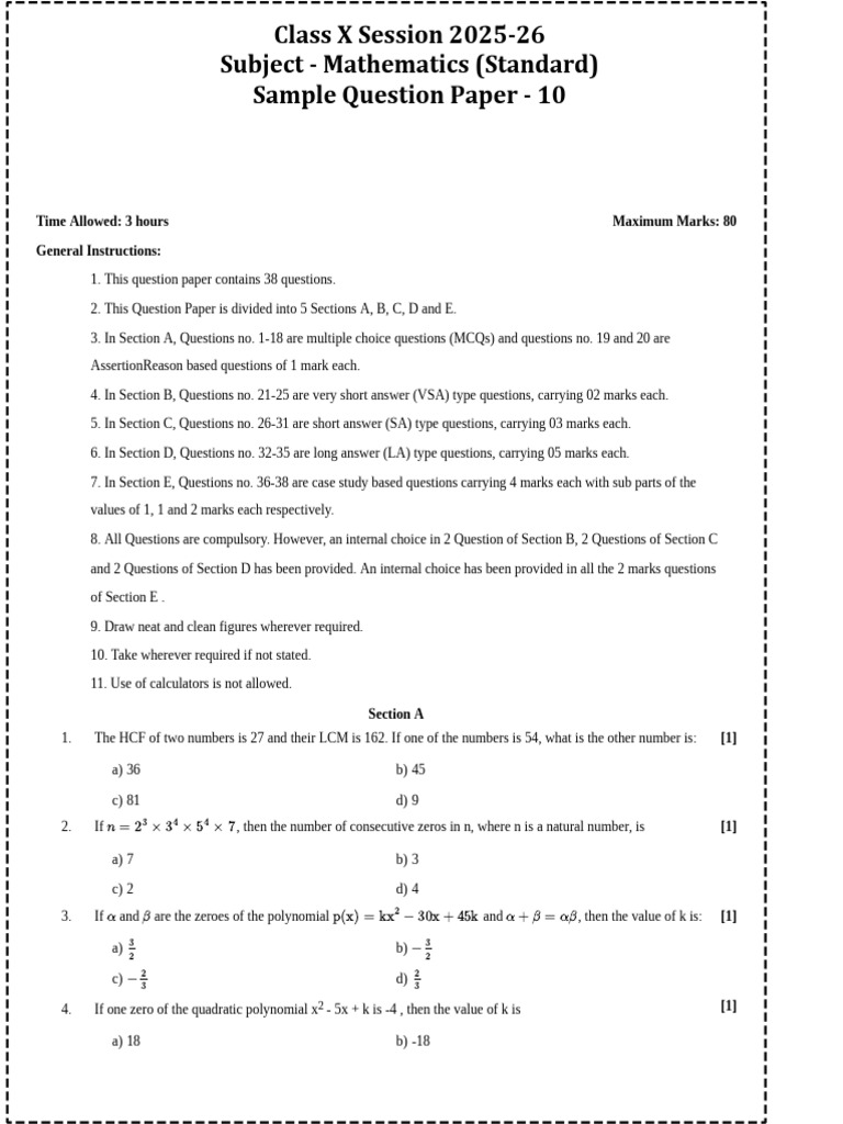 Class X Mathematics Sample Paper | PDF | Circle | Zero Of A Function