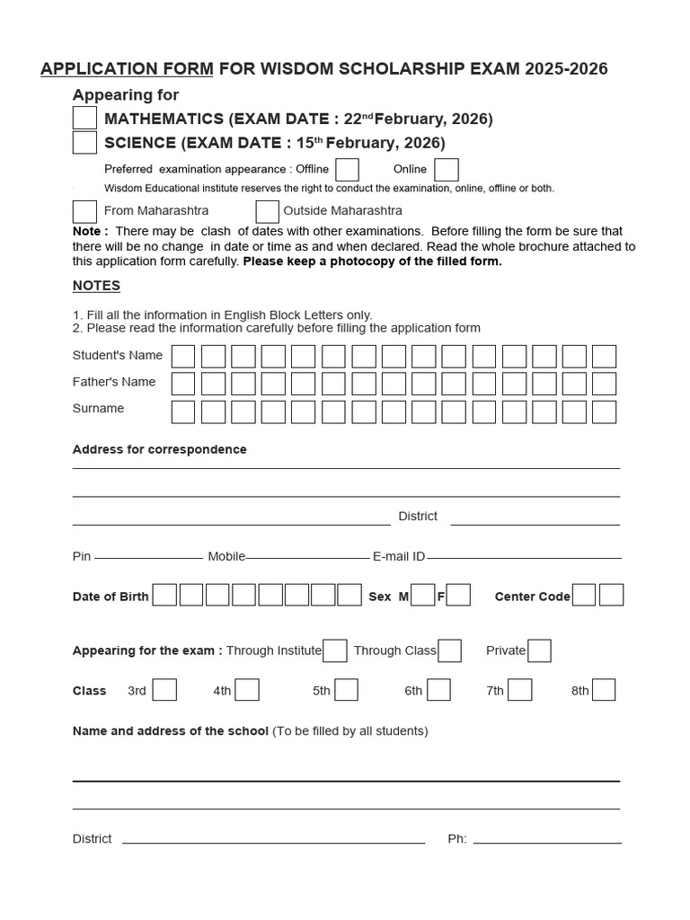 Wisdom Scholarship Exam 2025 Application | PDF