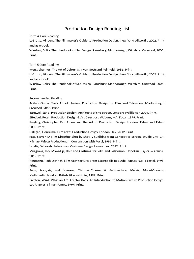 Production Design Reading List | PDF