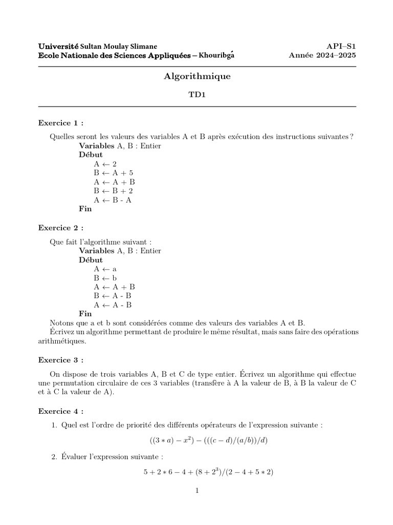 Exercices d'Algorithmique et Logique | PDF | Mathématiques ...