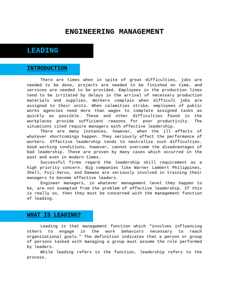Effective Leadership in Engineering Management | PDF | Leadership ...