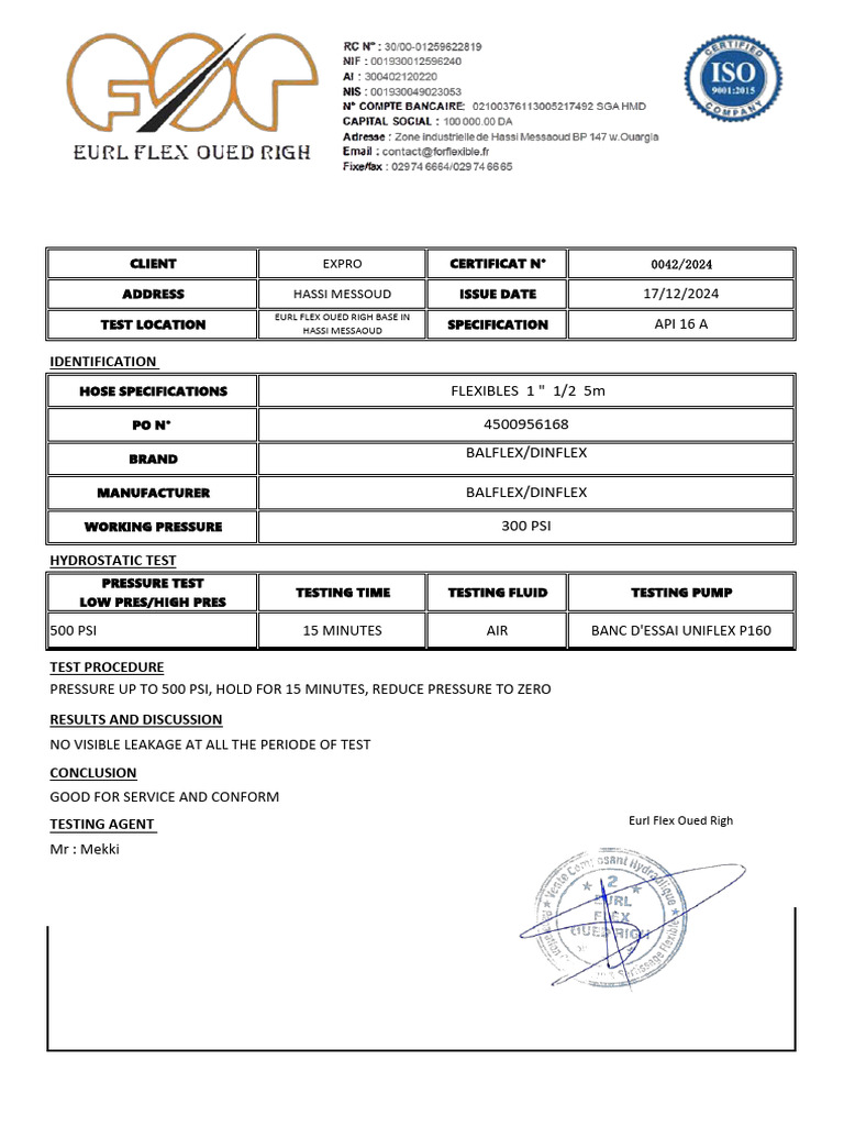 Pressure Test Certificate for Hassi Messaoud | PDF