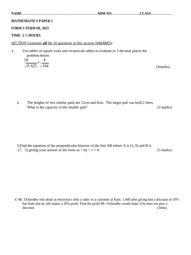 2025 Maths f3 Pp1 Qs End t3 s2 Teacher Co Ke | PDF | Area | Euclidean ...