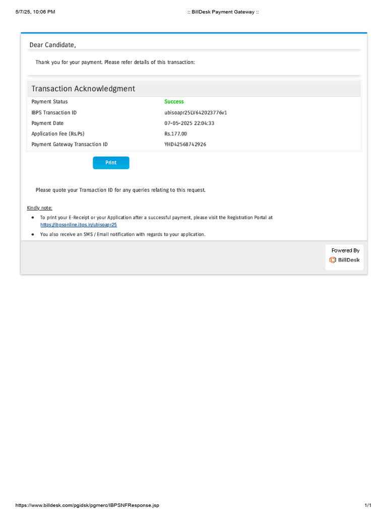 Payment Confirmation for IBPS Application | PDF