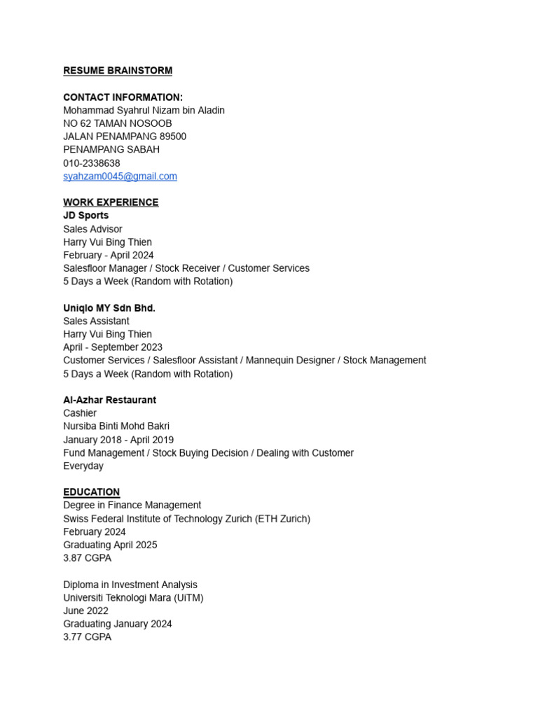 Resume Brainstorm | PDF