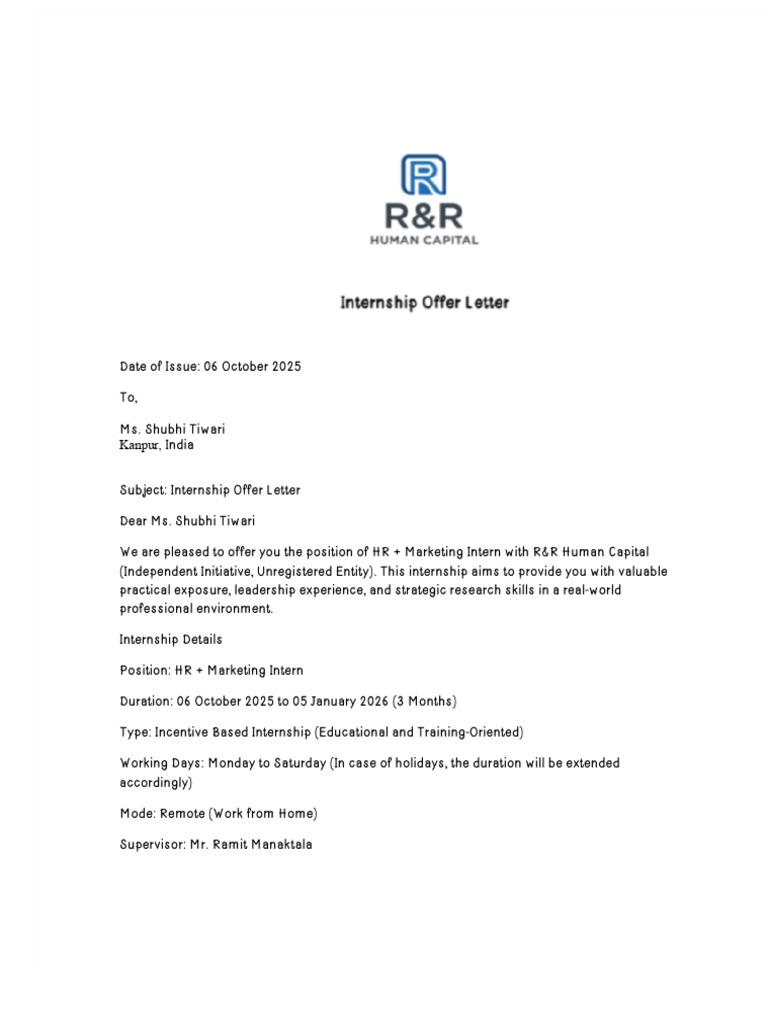 Internship Offer Letter for HR + Marketing | PDF