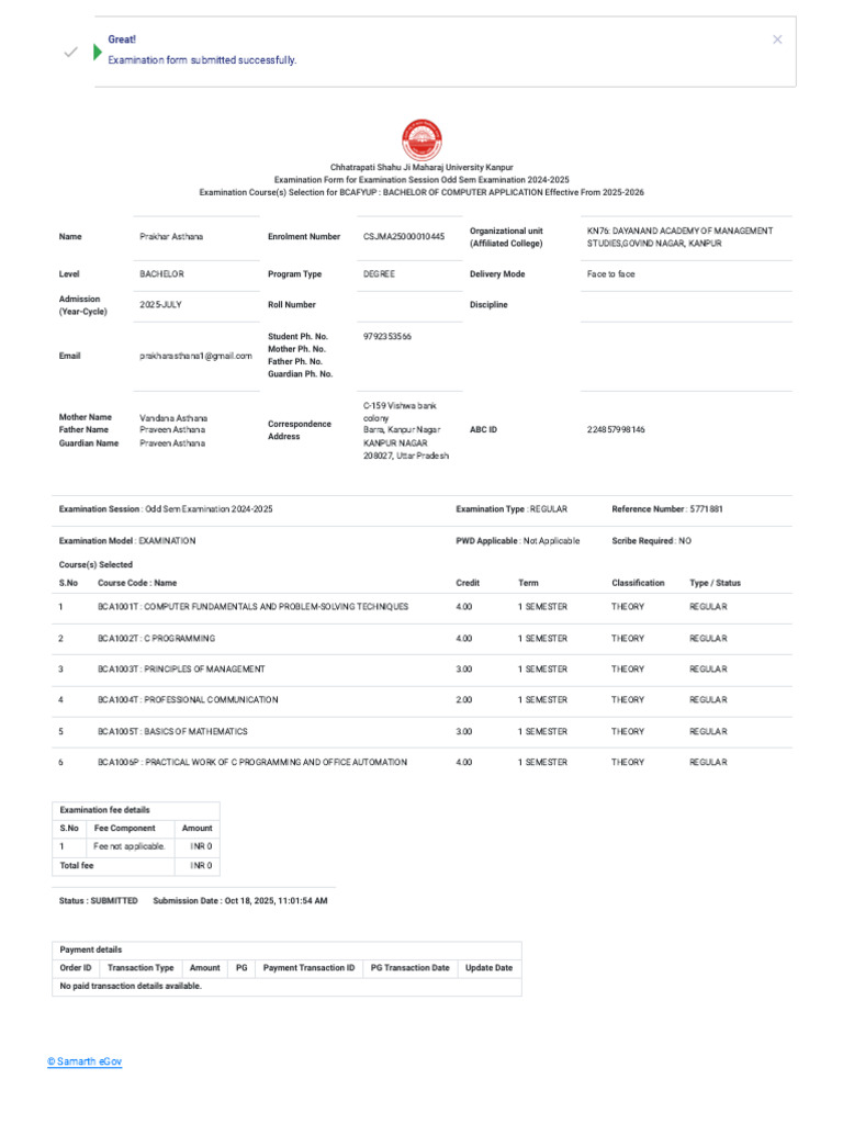 Examination Form Submission for BCA 2024-25 | PDF