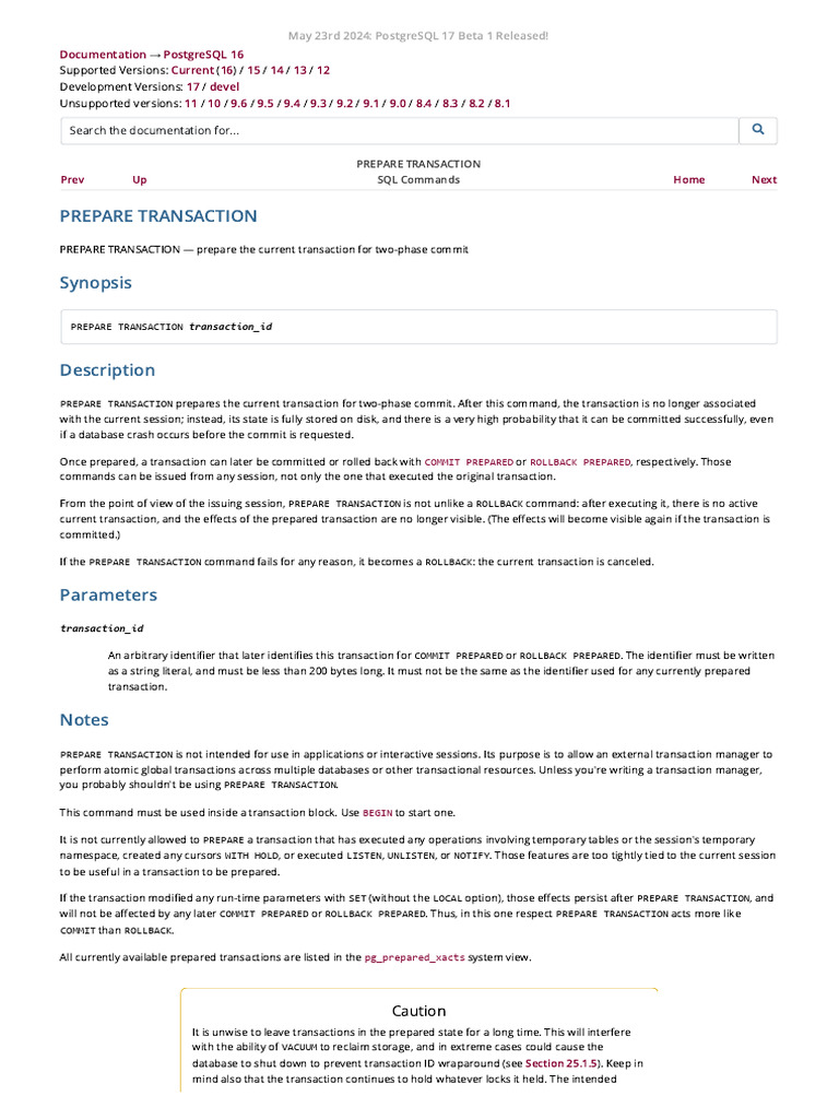PostgreSQL 17 PREPARE TRANSACTION Guide | PDF | Database Transaction ...