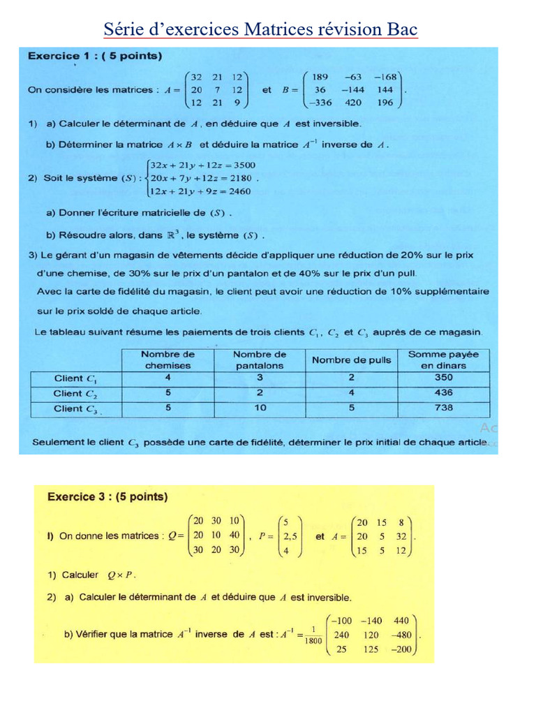 Exercices Matrices Bac : Révision | PDF