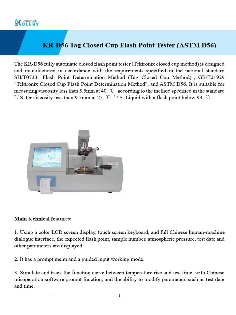 KR-D56 Tag Flash Point Tester Overview | PDF