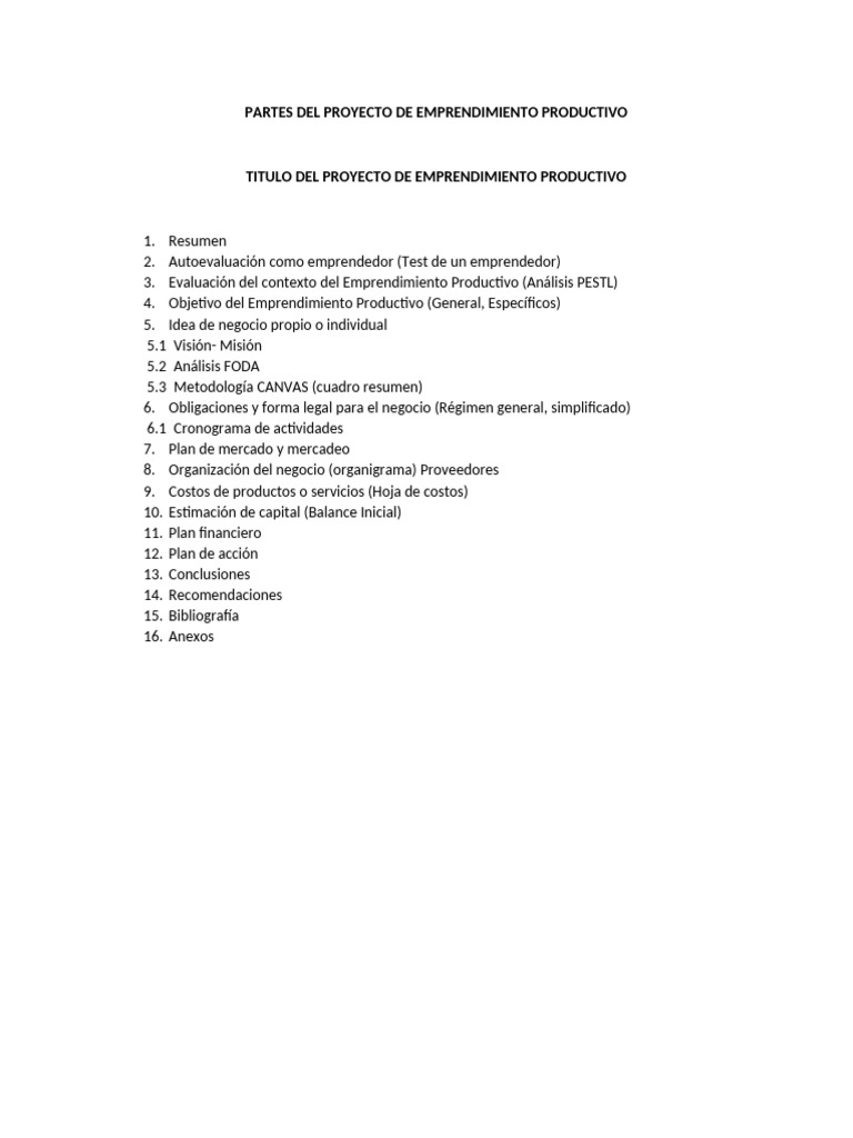 Partes Del Proyecto de Emprendimiento Productivo | PDF
