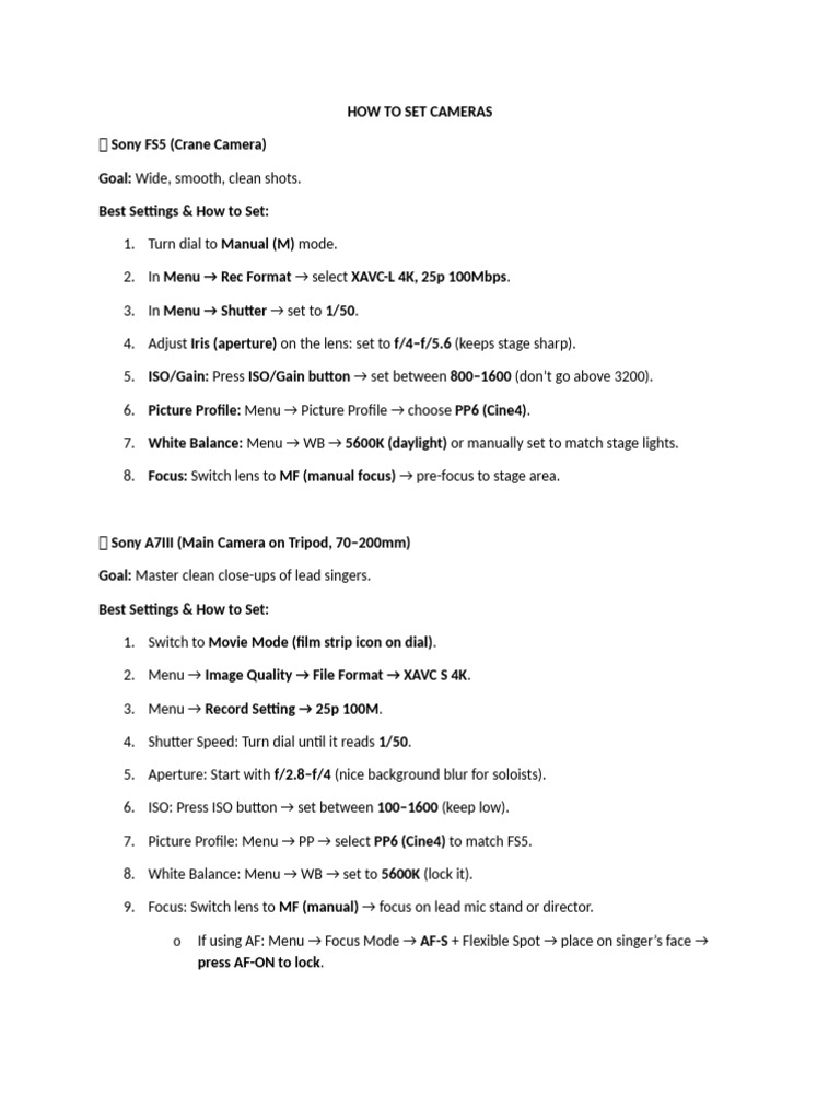 Camera Setup Guide for Sony Models | PDF
