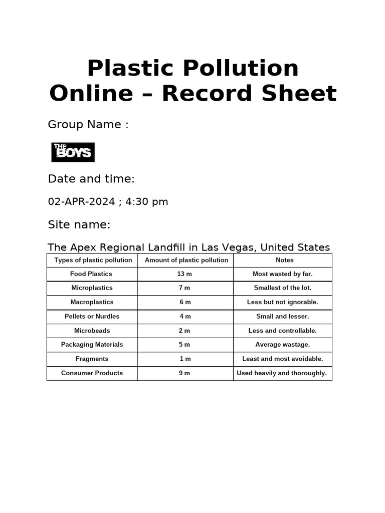 Plastic Pollution Record Sheet | PDF