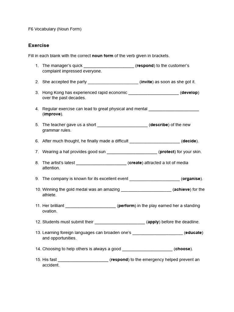 Noun Form Exercise Worksheet | PDF | Grammar | Linguistics