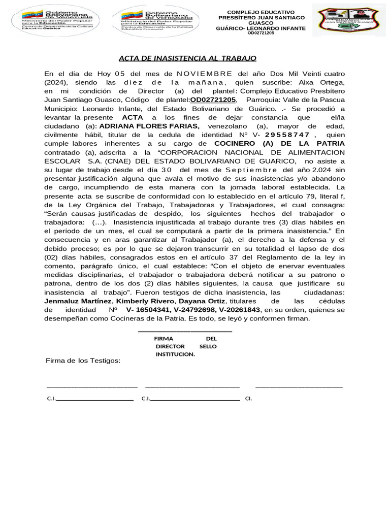 Acta de Inasistencia Laboral 2024 | PDF | Justicia | Crimen y violencia