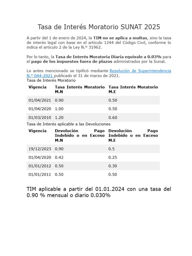 Tasa Interés Moratorio SUNAT 2025 | PDF | Multa (pena) | Interés