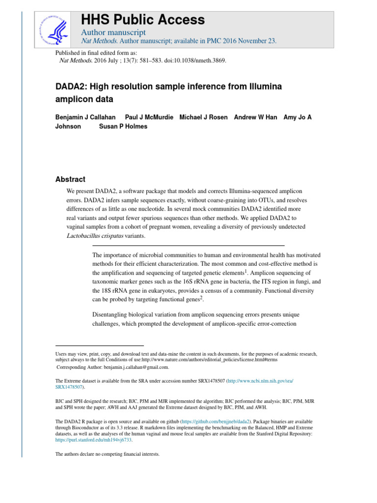 Dada2 High Resolution Sample Inference From Illumina Ygkdeyoxho | PDF ...