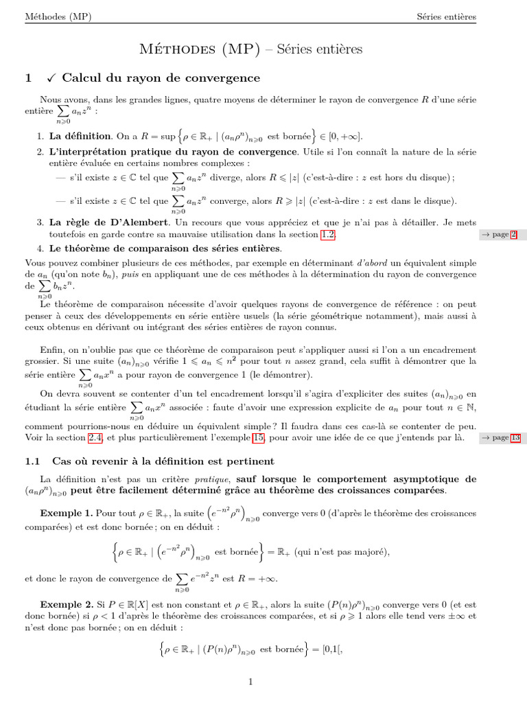Méthodes de calcul du rayon de convergence PDF Série entière — free download