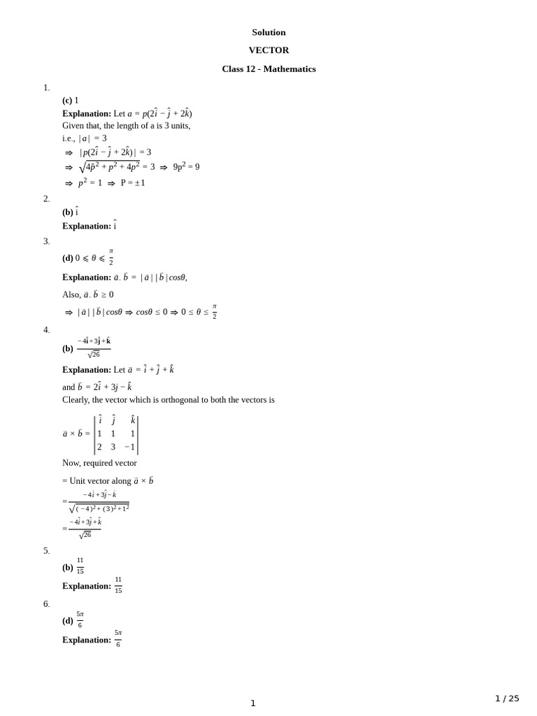Class 12 Mathematics: Vector Solutions | PDF | Euclid | Geometry