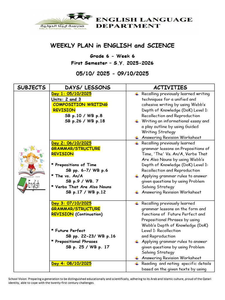 Grade 6 Weekly Plan: English & Science | PDF | Reading Comprehension ...