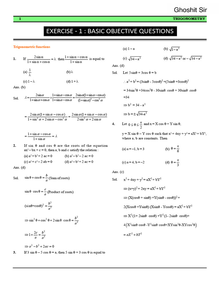 Trigonometry Objective Questions and Solutions | PDF | Trigonometric ...