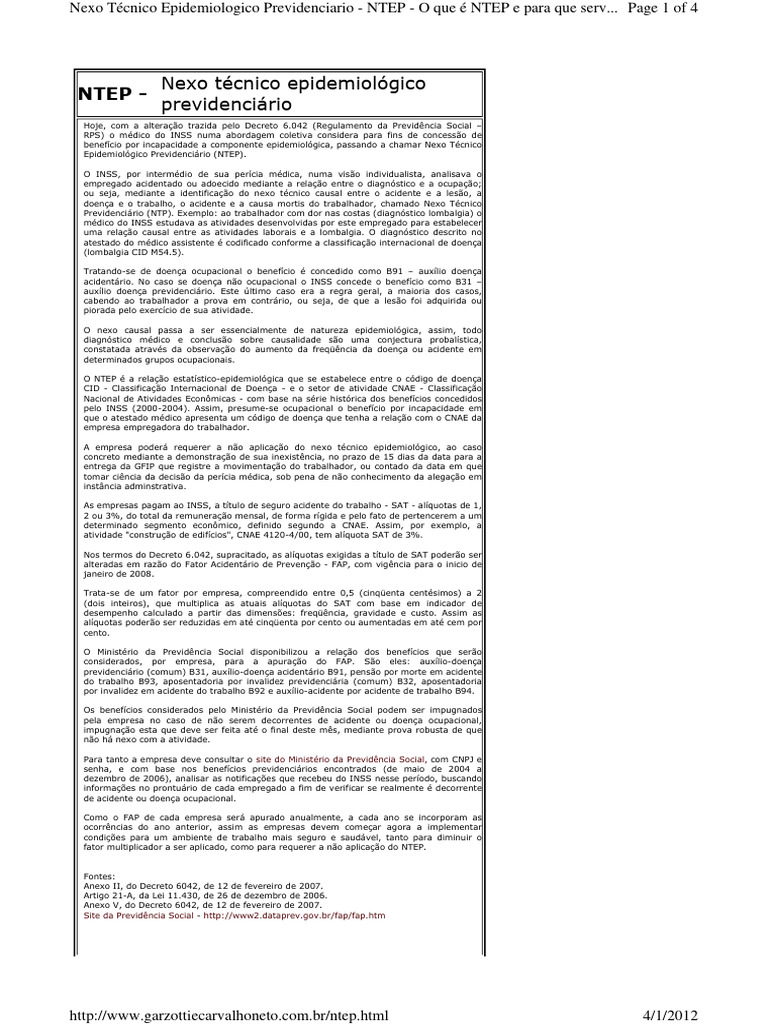 NTEP: Nexo Técnico Epidemiológico Previdenciário | PDF | Epidemiologia ...