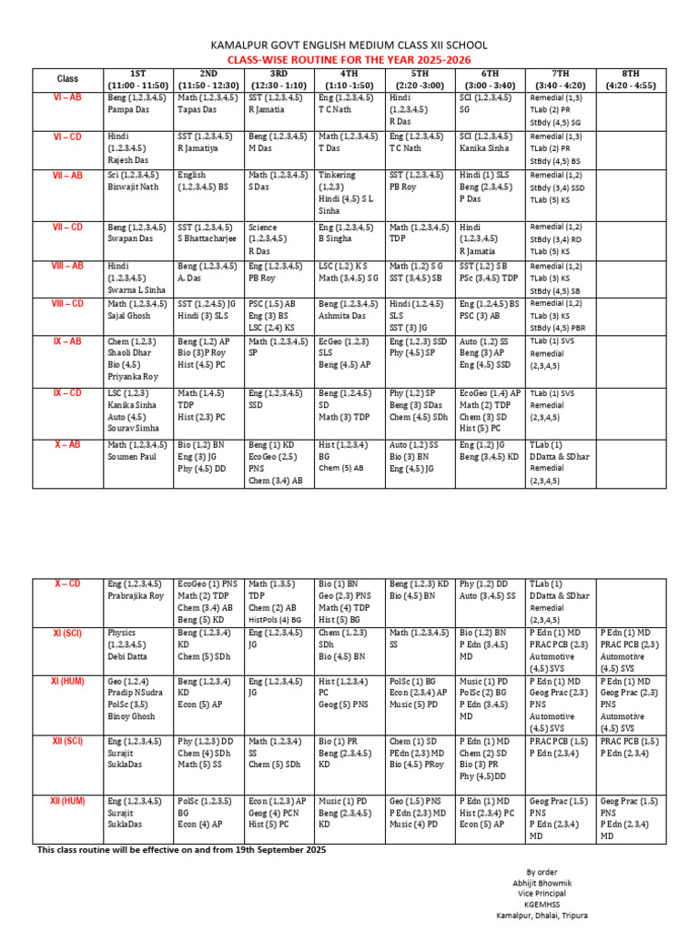 Kamalpur Class XII Routine 2025-2026 | PDF