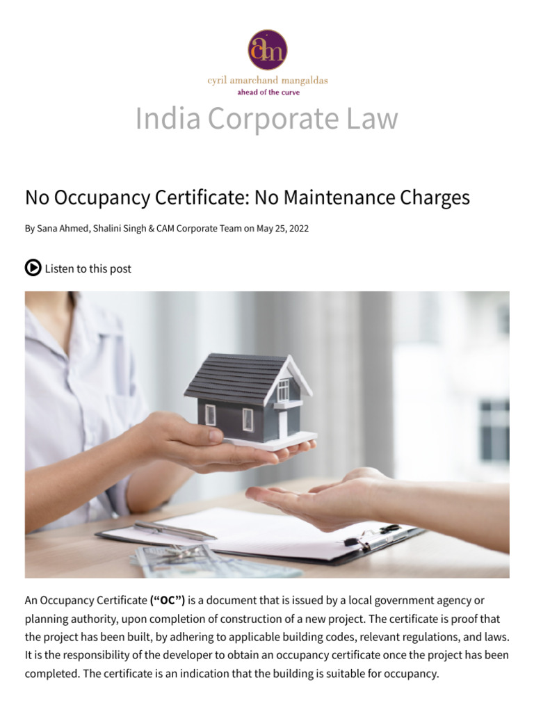 No Occupancy Certificate - No Maintenance Charges - India Corporate Law ...