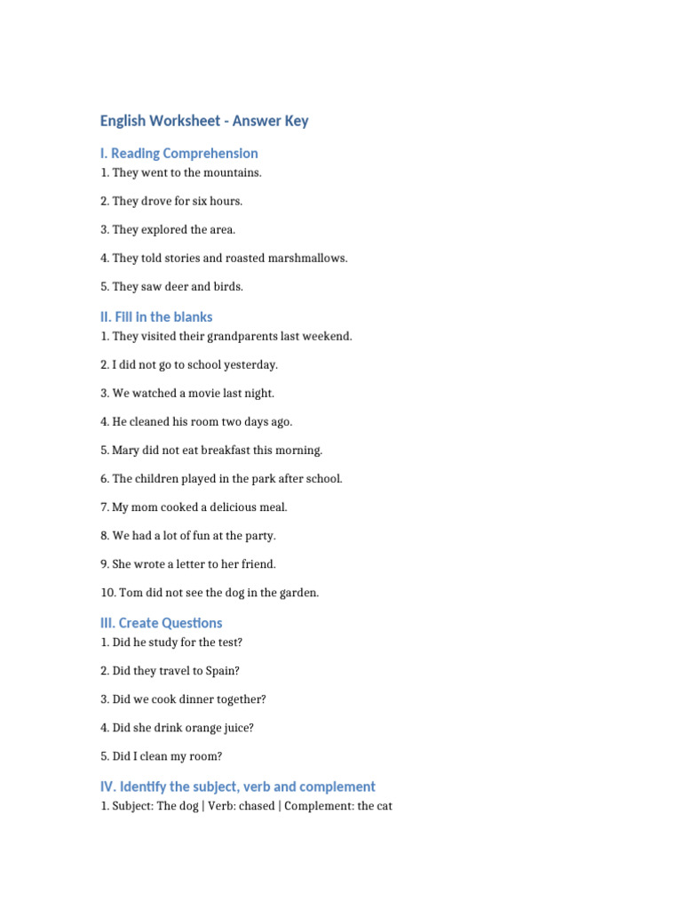 English Worksheet Answer Key | PDF