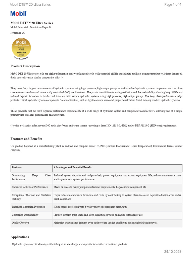 Mobil DTE 20 Ultra Hydraulic Oil Guide | PDF | Pump | Applied And ...