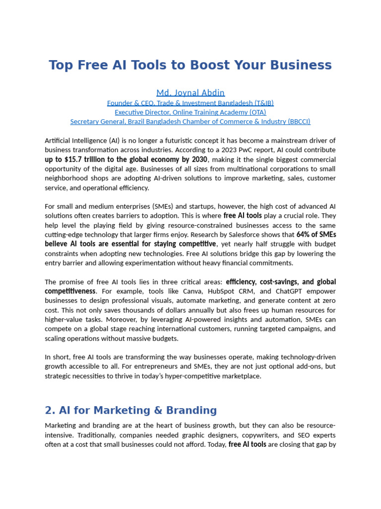 Free AI Tools for Business Growth | PDF | Analytics | Artificial ...