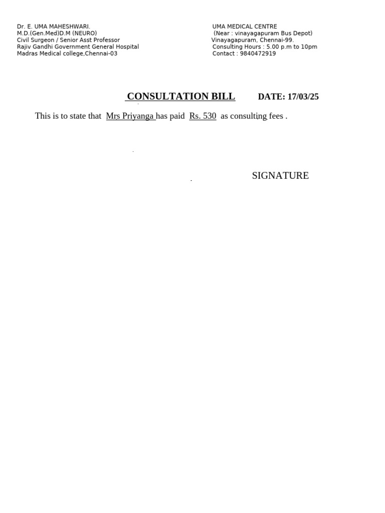 Consultation Receipt from Dr. Uma Maheshwari | PDF