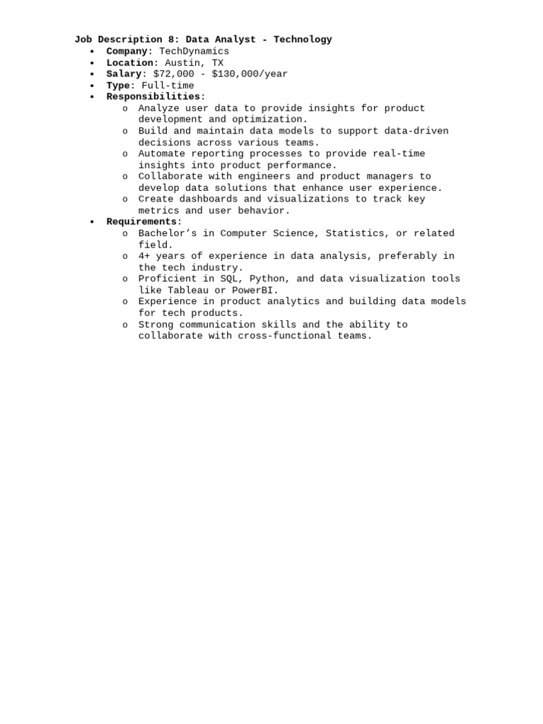 Data Analyst Job at TechDynamics | PDF
