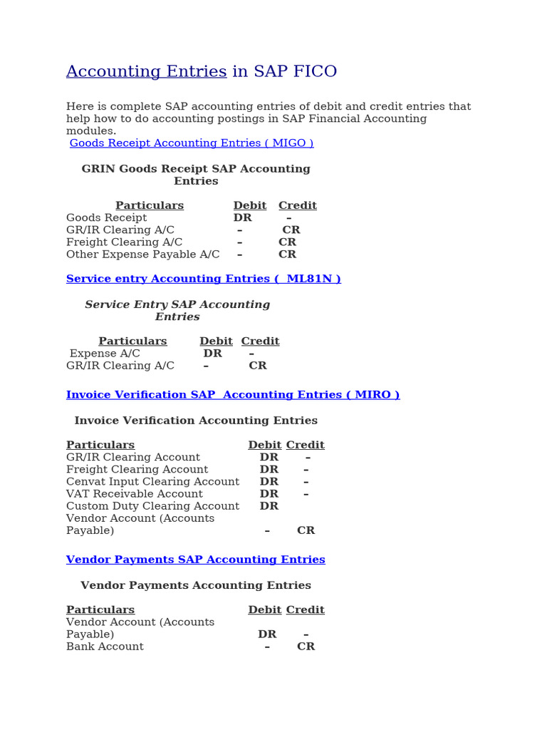 SAP FICO Accounting Entries Guide | PDF | Debits And Credits | Payments