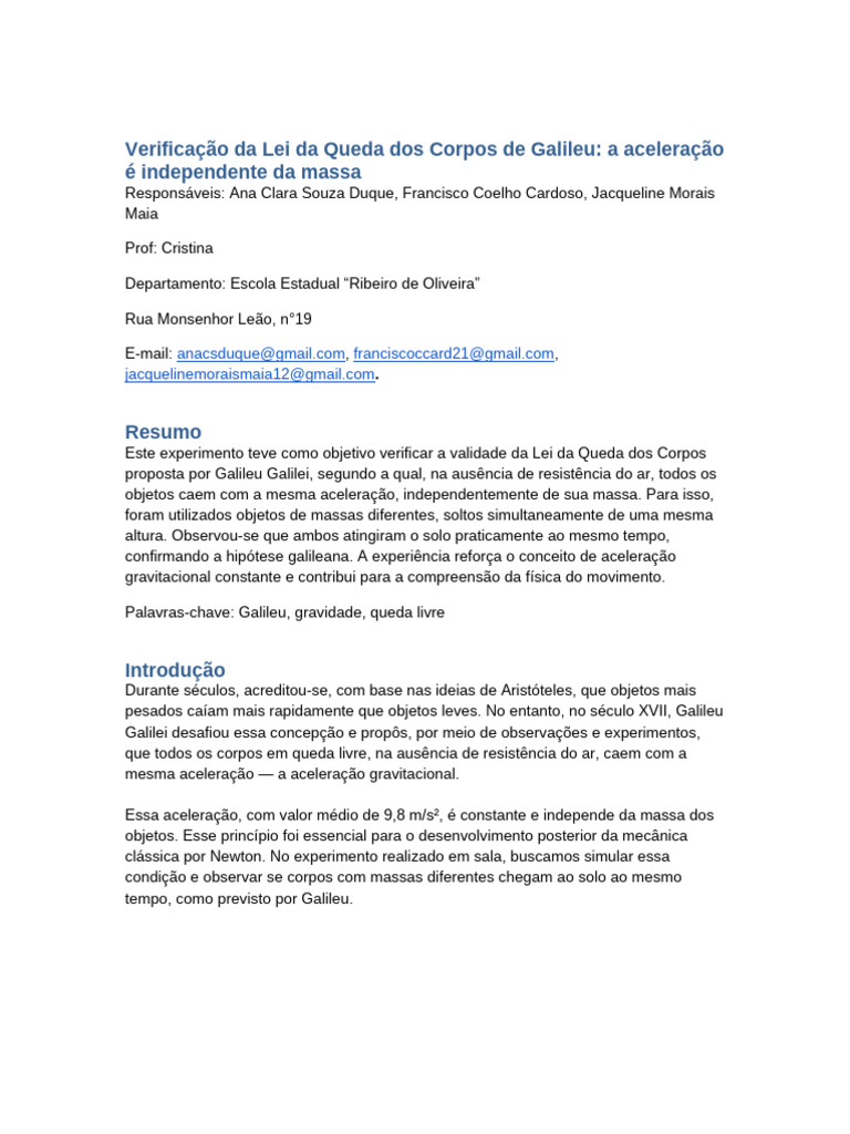 Relatorio Queda Dos Corpos Galileu | PDF | Galileu Galilei | Gravidade