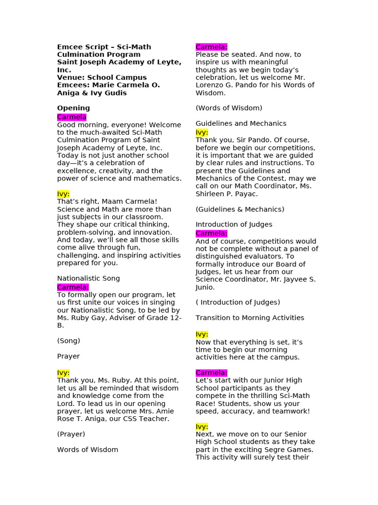 Sci-Math Culmination Program Script | PDF | Intelligence | Learning