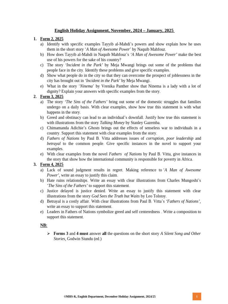 English Holiday Assignment 2024/25 | PDF